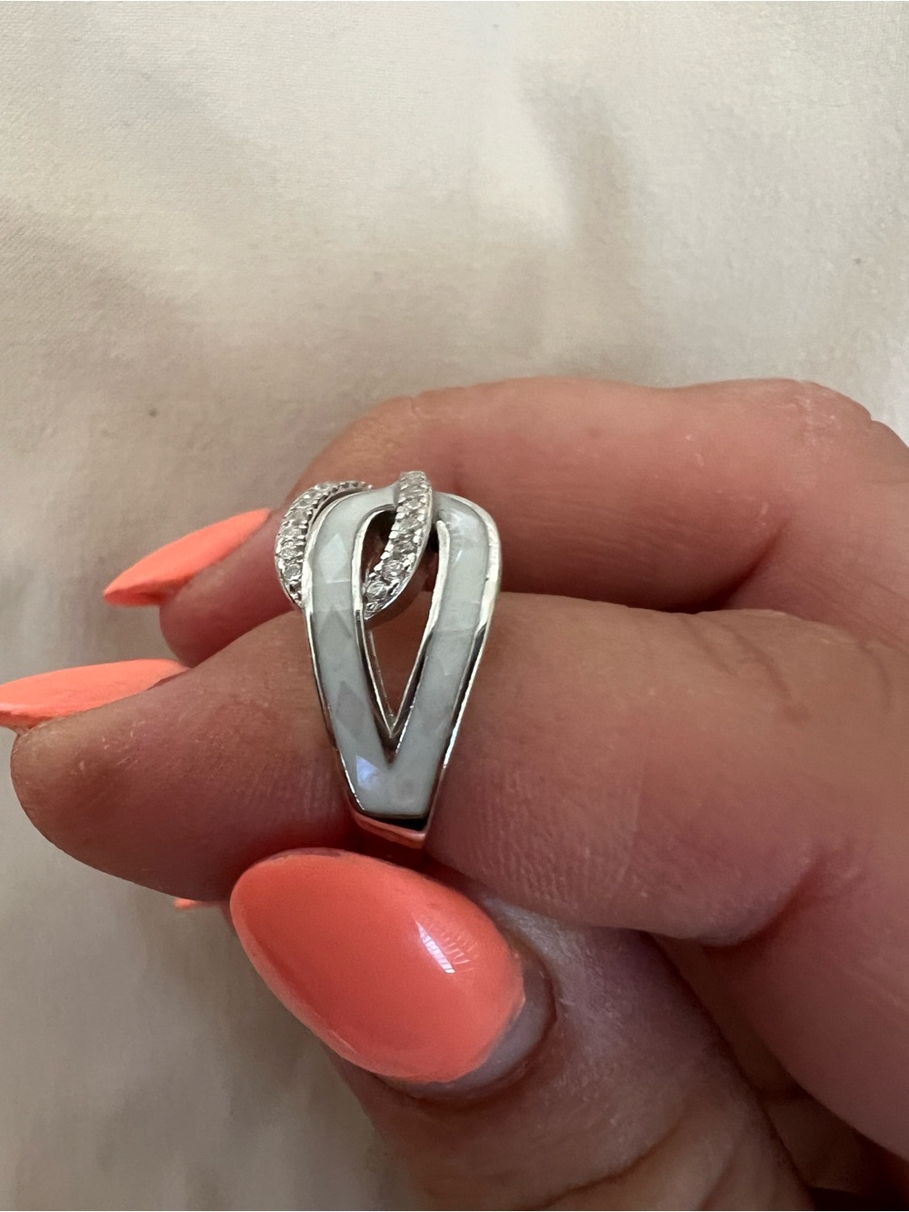 Silver V-Shape Ring with White Opal Inlay and Pavé Accents